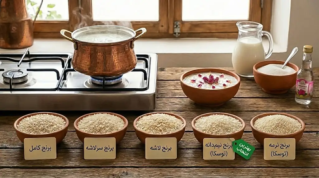مقایسه انواع برنج برای شیر برنج و انتخاب برنج نیمدانه توسکا به عنوان بهترین گزینه