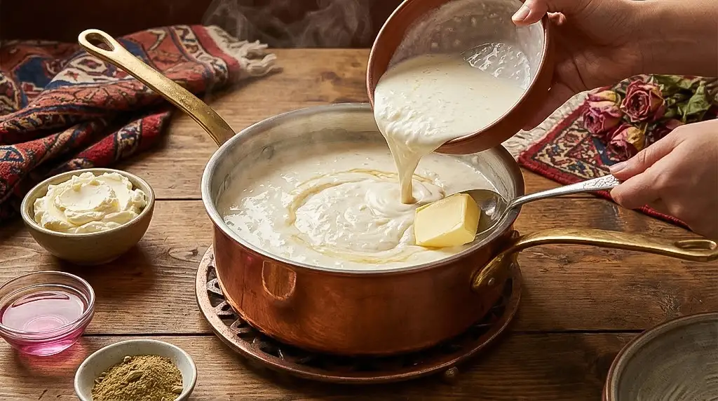 طرز تهیه شیر برنج مجلسی و رستورانی با اضافه کردن خامه به برنج نیمدانه برای ایجاد بافت مخملی
