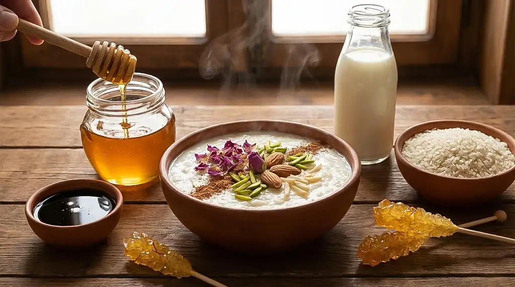 طرز تهیه شیر برنج رژیمی و سالم با استفاده از عسل طبیعی، شیره انگور و برنج نیمدانه اصیل ایرانی