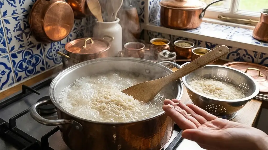 عکس از مراحل پخت برنج آبکش، شامل جوشاندن برنج در قابلمه مسی و تست دانههای برنج در کف دست.