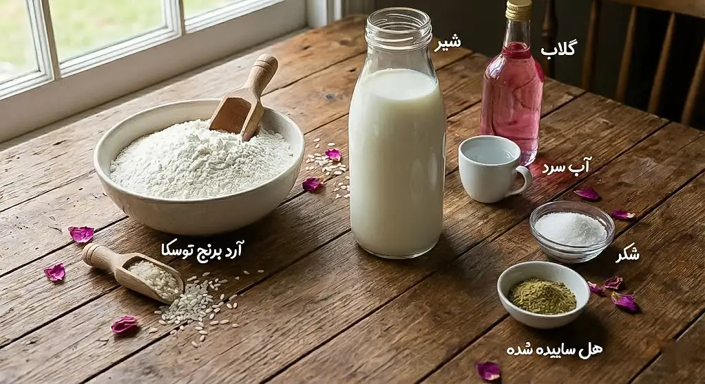 مواد لازم برای طرز تهیه فرنی با ارد برنج برای ۴ نفر شامل آرد برنج خالص، شیر و طعمدهندهها