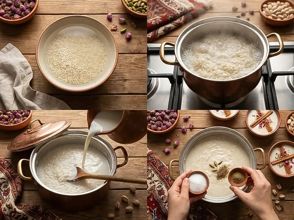 راهنمای تصویری ۴ مرحله اصلی پخت شیر برنج مجلسی با برنج نیمدانه؛ از خیساندن تا سرو نهایی