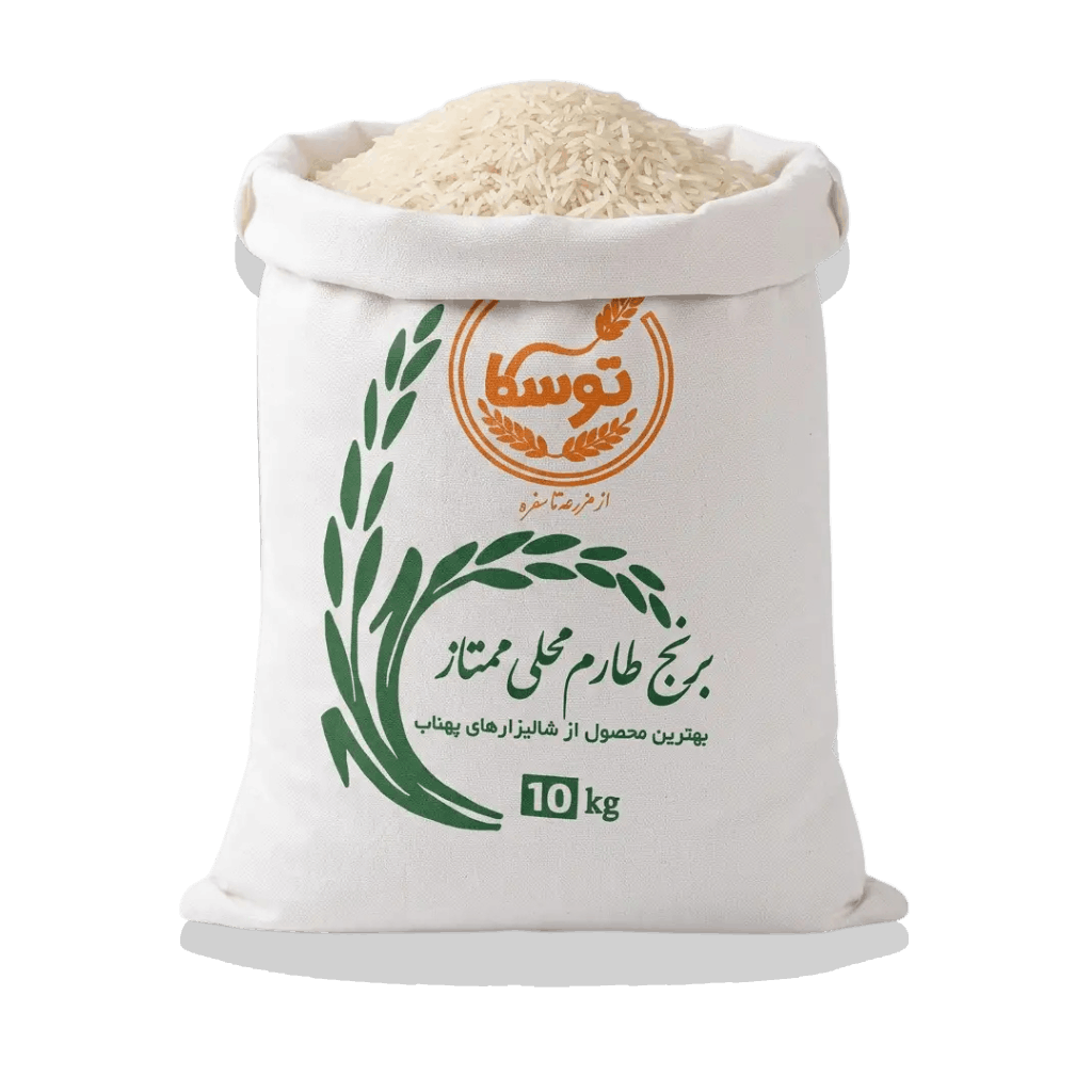 نمای نزدیک از دانههای برنج طارم محلی ممتاز درون کیسه ۱۰ کیلویی