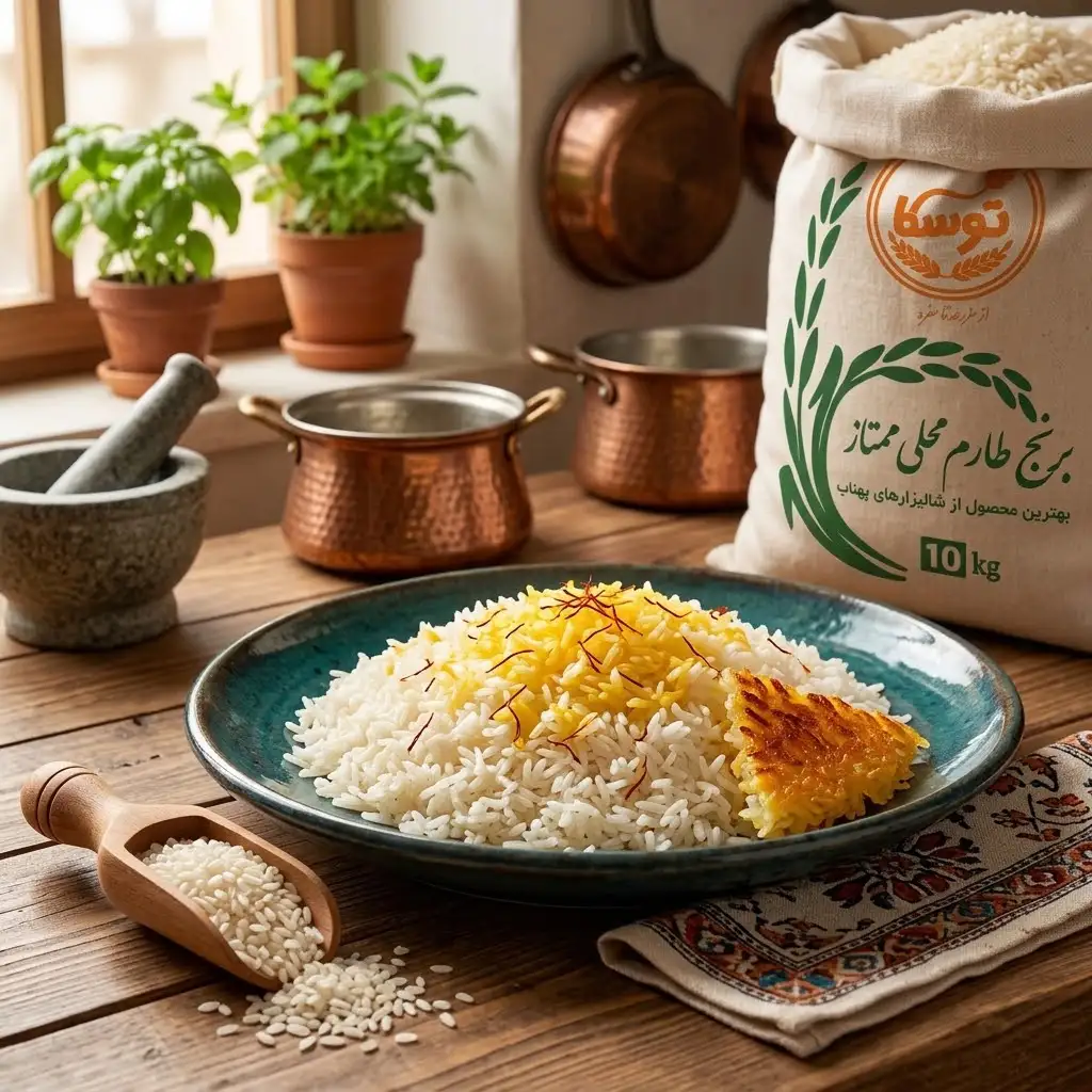 بشقاب پلو با زعفران و ته دیگ، در کنار کیسه برنج لاشه طارم محلی ممتاز توسکا و پیمانه برنج خام در آشپزخانه سنتی