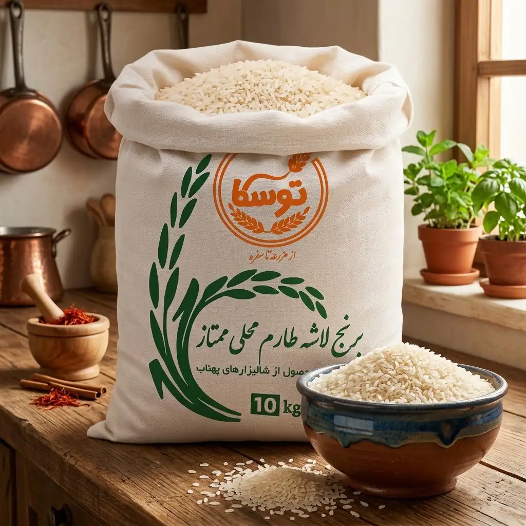چیدمان برنج لاشه طارم محلی ممتاز توسکا در یک آشپزخانه سنتی ایرانی، با کاسه سفالی، زعفران و گیاهان معطر