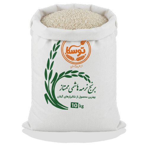 نمای نزدیک از برنج نرمه هاشمی ممتاز داخل کیسه باز توسکا با کیفیت عالی و سورت شده