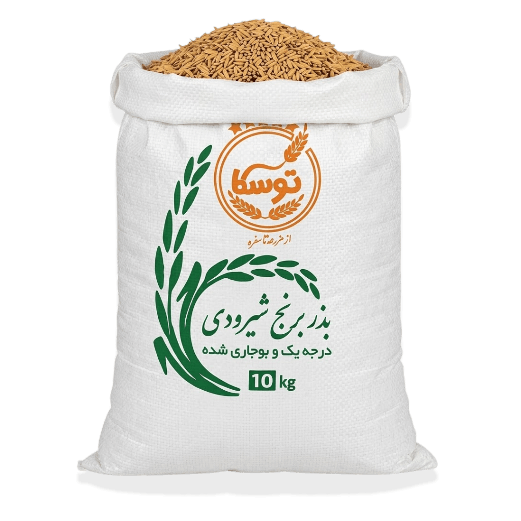گونی ۱۰ کیلویی بذر برنج شیرودی توسکا با درب باز که خلوص و رنگ طلایی شالیهای بوجاری شده در آن نمایان است