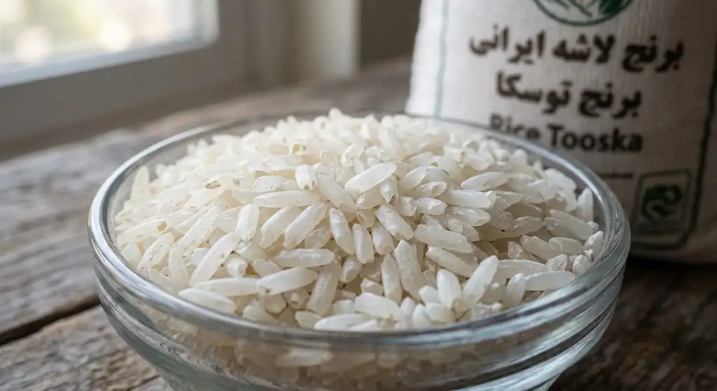 نمای نزدیک از دانههای برنج لاشه ایرانی (سهچهارم دانه سالم) در کاسه شیشهای برای خرید در بازرگانی توسکا