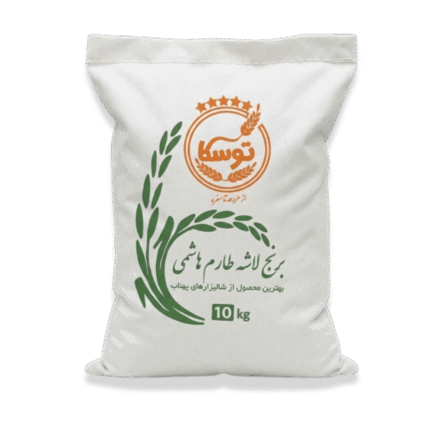 کیسه ۱۰ کیلویی برنج لاشه طارم هاشمی برند توسکا با پسزمینه سفید