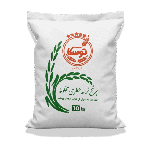 کیسه ۱۰ کیلوگرمی برنج نرمه عطری مخلوط برند توسکا با پس‌زمینه مشکی
