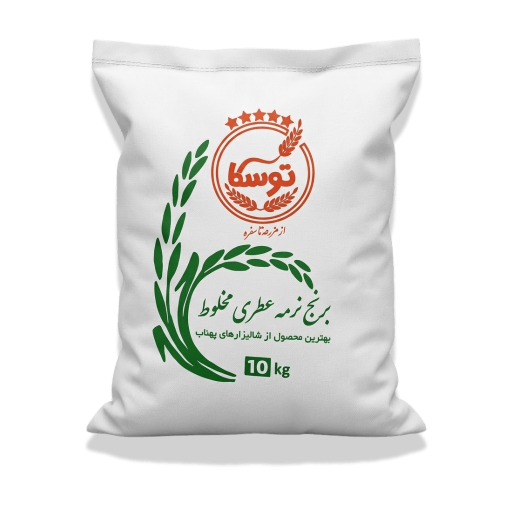 کیسه ۱۰ کیلوگرمی برنج نرمه عطری مخلوط برند توسکا با پسزمینه مشکی