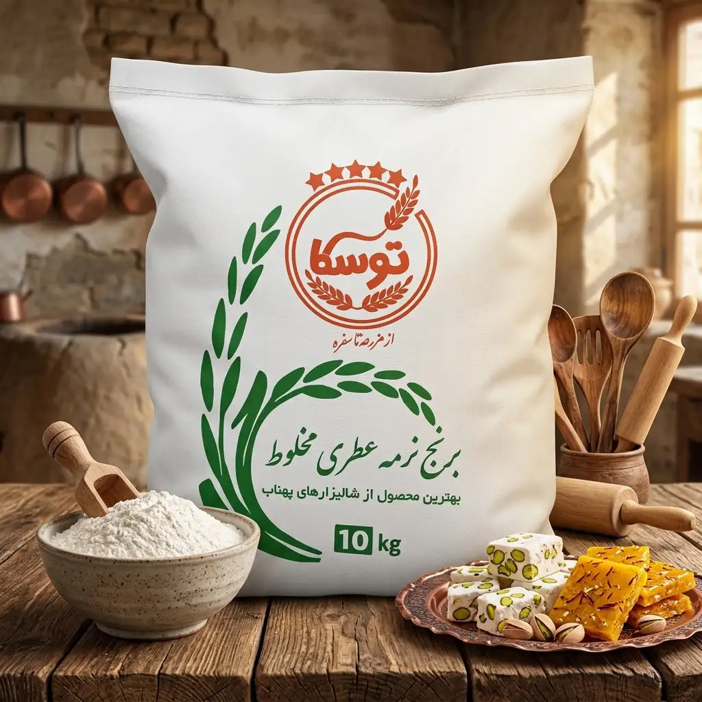 کیسه ۱۰ کیلویی برنج نرمه عطری مخلوط توسکا در کنار آرد برنج و شیرینی سنتی در فضای قنادی