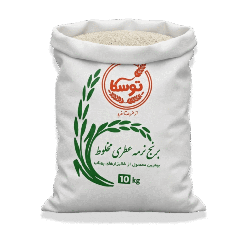 درب باز کیسه برنج نرمه عطری مخلوط توسکا حاوی دانههای بسیار ریز نرمه طارم و امراللهی