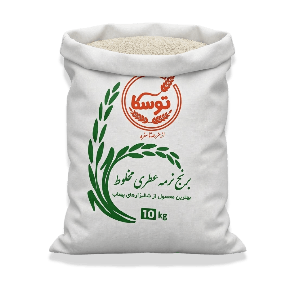 درب باز کیسه برنج نرمه عطری مخلوط توسکا حاوی دانههای بسیار ریز نرمه طارم و امراللهی