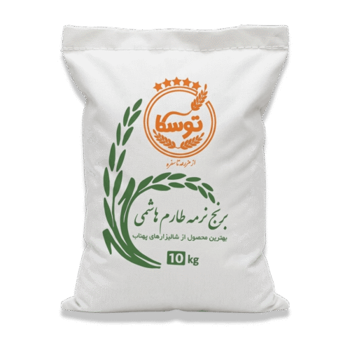 کیسه ۱۰ کیلویی برنج نرمه طارم هاشمی برند توسکا با پسزمینه مشکی