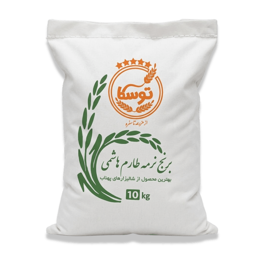 کیسه ۱۰ کیلویی برنج نرمه طارم هاشمی برند توسکا با پسزمینه مشکی