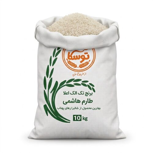درب باز کیسه ۱۰ کیلویی برنج تک الک اعلا طارم هاشمی توسکا و نمایش دانه‌های درشت برنج