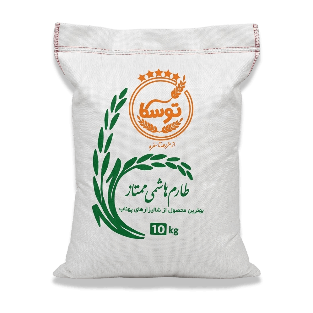 کیسه ۱۰ کیلوگرمی برنج طارم هاشمی ممتاز توسکا سه الک با پسزمینه مشکی