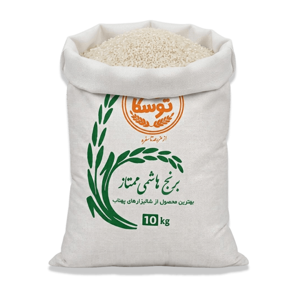 درب باز کیسه برنج طارم هاشمی ممتاز توسکا حاوی دانههای سورت شده سه الک